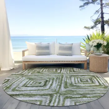 8' Artichoke Green And Sage Round Geometric Washable Indoor Outdoor Area Rug