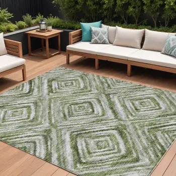 8' X 10' Artichoke Green And Sage Geometric Washable Indoor Outdoor Area Rug