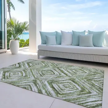 8' X 10' Artichoke Green And Sage Geometric Washable Indoor Outdoor Area Rug