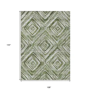 9' X 12' Artichoke Green And Sage Geometric Washable Indoor Outdoor Area Rug