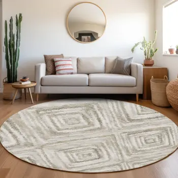 8' Beige Taupe And Ivory Round Geometric Washable Indoor Outdoor Area Rug