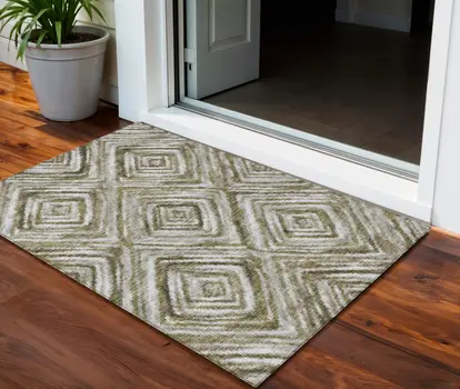 3' X 5' Brown Beige And Ivory Geometric Washable Indoor Outdoor Area Rug