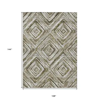 9' X 12' Brown Beige And Ivory Geometric Washable Indoor Outdoor Area Rug