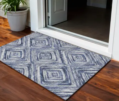 3' X 5' Navy Blue And Sky Blue Geometric Washable Indoor Outdoor Area Rug
