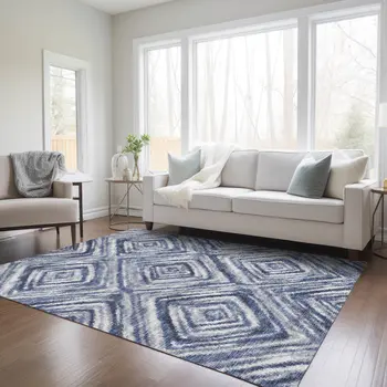 3' X 5' Navy Blue And Sky Blue Geometric Washable Indoor Outdoor Area Rug