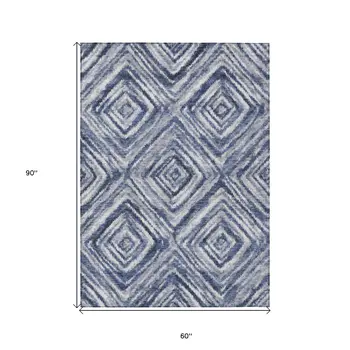 5' X 8' Navy Blue And Sky Blue Geometric Washable Indoor Outdoor Area Rug