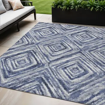 5' X 8' Navy Blue And Sky Blue Geometric Washable Indoor Outdoor Area Rug