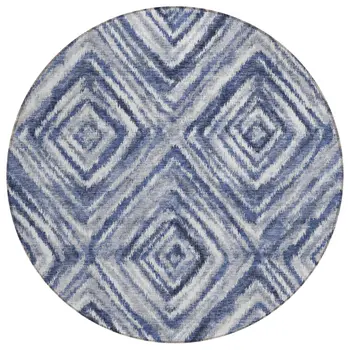 8' Navy Blue And Sky Blue Round Geometric Washable Indoor Outdoor Area Rug
