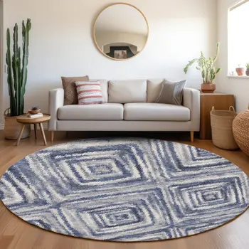 8' Navy Blue And Sky Blue Round Geometric Washable Indoor Outdoor Area Rug