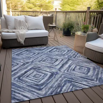 9' X 12' Navy Blue And Sky Blue Geometric Washable Indoor Outdoor Area Rug