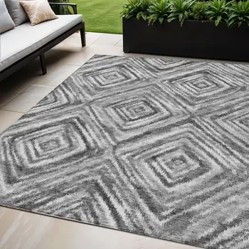 5' X 8' Gray Silver And Ivory Geometric Washable Indoor Outdoor Area Rug