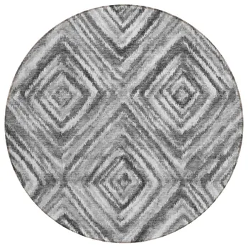 8' Gray Silver And Ivory Round Geometric Washable Indoor Outdoor Area Rug