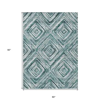 5' X 8' Teal Blue Aqua And Gray Geometric Washable Indoor Outdoor Area Rug