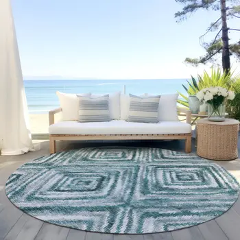 8' Teal Blue Aqua And Gray Round Geometric Washable Indoor Outdoor Area Rug