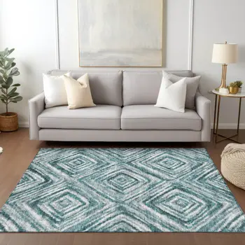 9' X 12' Teal Blue Aqua And Gray Geometric Washable Indoor Outdoor Area Rug