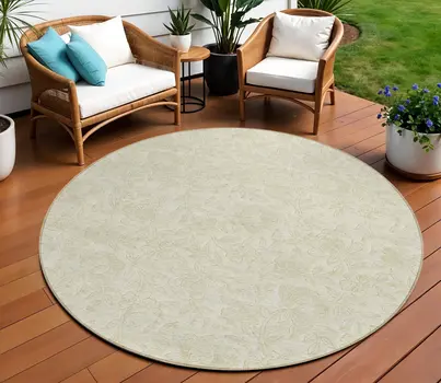 8' Ivory And Beige Round Floral Washable Indoor Outdoor Area Rug