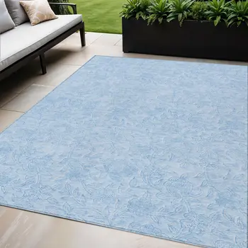 5' X 8' Sky Blue And Blue Floral Washable Indoor Outdoor Area Rug