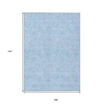 9' X 12' Sky Blue And Blue Floral Washable Indoor Outdoor Area Rug