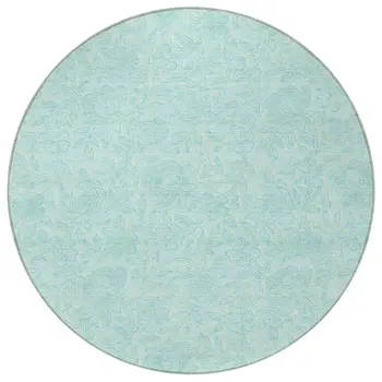 8' Teal Blue And Aqua Round Floral Washable Indoor Outdoor Area Rug