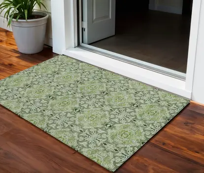 3' X 5' Artichoke Green And Fern Green Medallion Washable Indoor Outdoor Area Rug