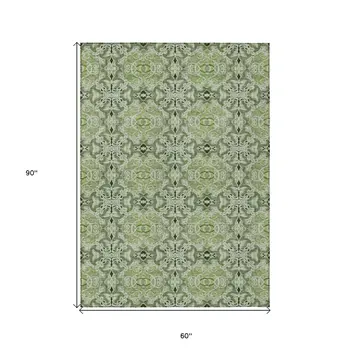 5' X 8' Artichoke Green And Fern Green Medallion Washable Indoor Outdoor Area Rug