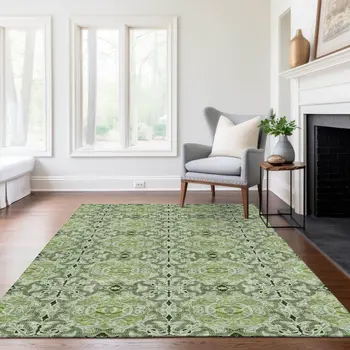 5' X 8' Artichoke Green And Fern Green Medallion Washable Indoor Outdoor Area Rug