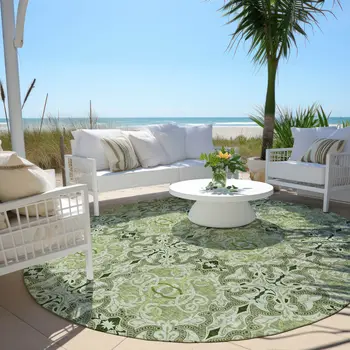 8' Artichoke Green And Fern Green Round Medallion Washable Indoor Outdoor Area Rug
