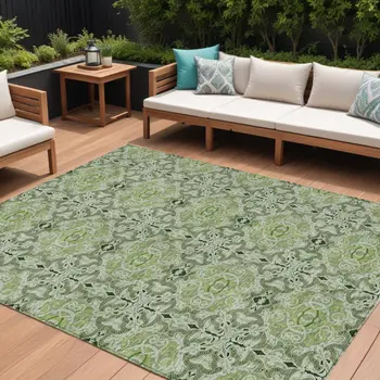 9' X 12' Artichoke Green And Fern Green Medallion Washable Indoor Outdoor Area Rug
