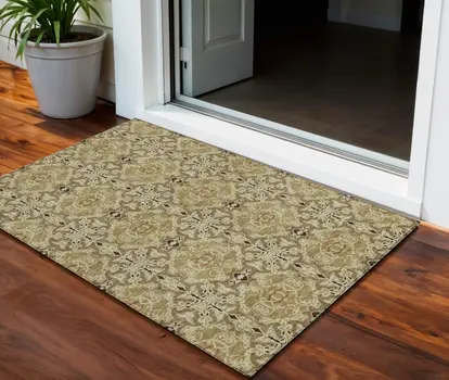 3' X 5' Brown Beige And Tan Medallion Washable Indoor Outdoor Area Rug