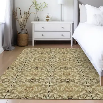 3' X 5' Brown Beige And Tan Medallion Washable Indoor Outdoor Area Rug