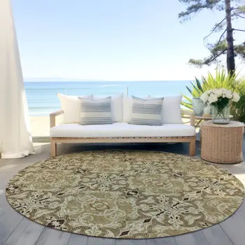 8' Brown Beige And Tan Round Medallion Washable Indoor Outdoor Area Rug