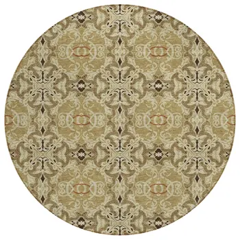 8' Brown Beige And Tan Round Medallion Washable Indoor Outdoor Area Rug