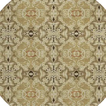 8' Brown Beige And Tan Round Medallion Washable Indoor Outdoor Area Rug