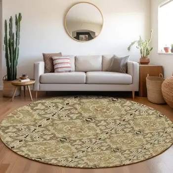 8' Brown Beige And Tan Round Medallion Washable Indoor Outdoor Area Rug