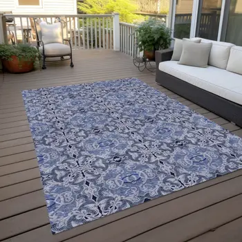 3' X 5' Navy Blue And Sky Blue Medallion Washable Indoor Outdoor Area Rug