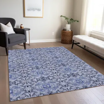 5' X 8' Navy Blue And Sky Blue Medallion Washable Indoor Outdoor Area Rug