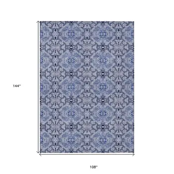 9' X 12' Navy Blue And Sky Blue Medallion Washable Indoor Outdoor Area Rug