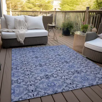 9' X 12' Navy Blue And Sky Blue Medallion Washable Indoor Outdoor Area Rug