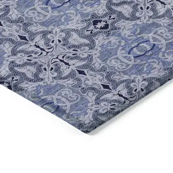 9' X 12' Navy Blue And Sky Blue Medallion Washable Indoor Outdoor Area Rug