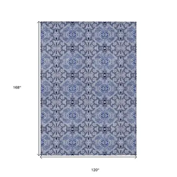 10' X 14' Navy Blue And Sky Blue Medallion Washable Indoor Outdoor Area Rug
