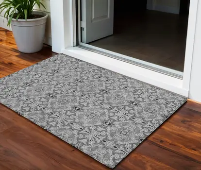 3' X 5' Gray Silver And Charcoal Medallion Washable Indoor Outdoor Area Rug