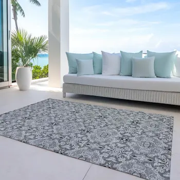 3' X 5' Gray Silver And Charcoal Medallion Washable Indoor Outdoor Area Rug