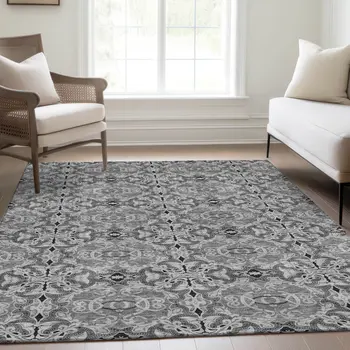 3' X 5' Gray Silver And Charcoal Medallion Washable Indoor Outdoor Area Rug