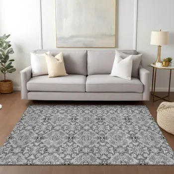3' X 5' Gray Silver And Charcoal Medallion Washable Indoor Outdoor Area Rug
