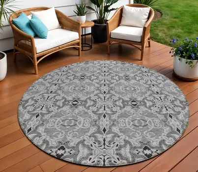 8' Gray Silver And Charcoal Round Medallion Washable Indoor Outdoor Area Rug