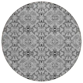 8' Gray Silver And Charcoal Round Medallion Washable Indoor Outdoor Area Rug