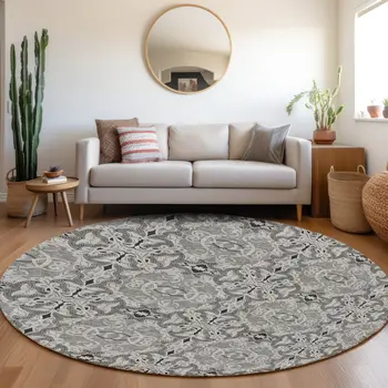 8' Gray Silver And Charcoal Round Medallion Washable Indoor Outdoor Area Rug