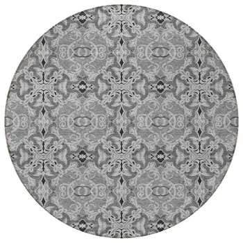 8' Gray Silver And Charcoal Round Medallion Washable Indoor Outdoor Area Rug