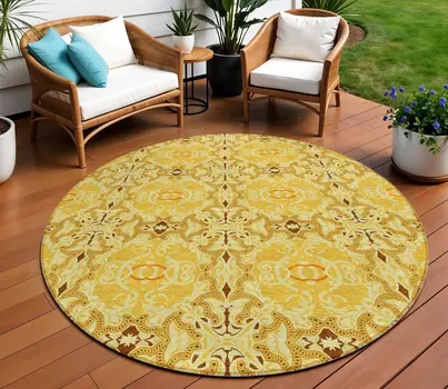 8' Orange Copper And Gold Round Medallion Washable Indoor Outdoor Area Rug