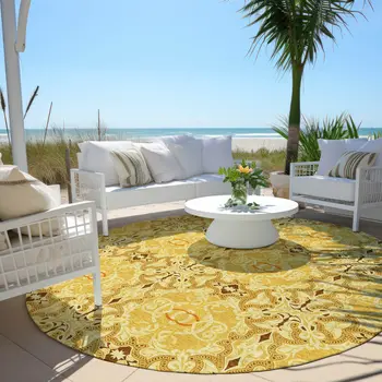 8' Orange Copper And Gold Round Medallion Washable Indoor Outdoor Area Rug